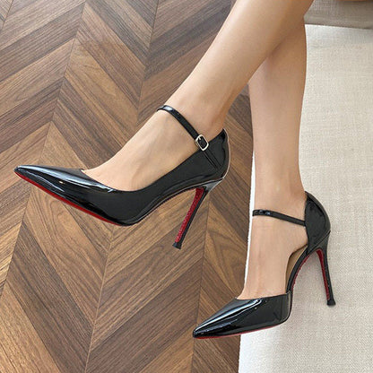 Women's Closed-Toe PU Heels with Single-Strap Buckle
