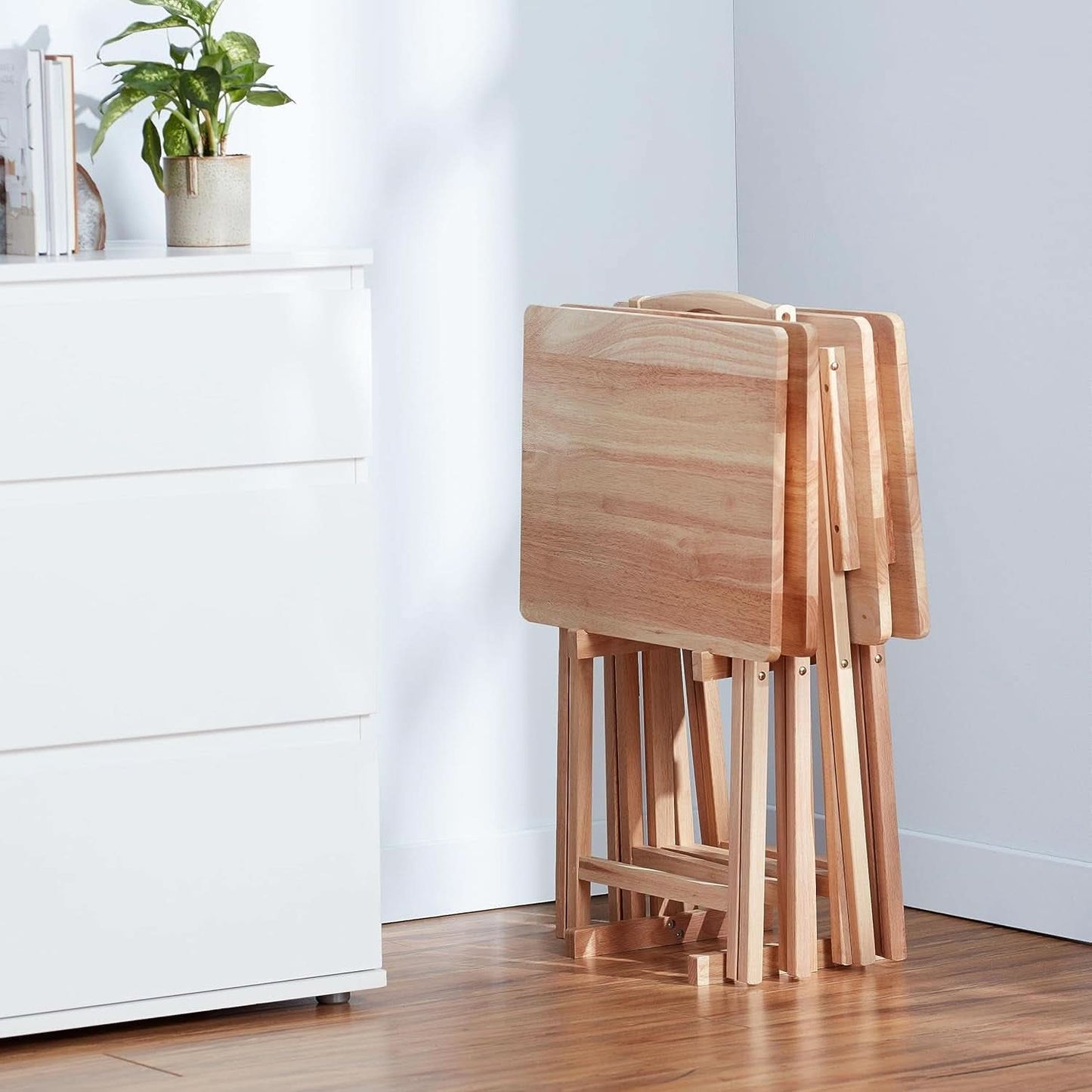 TV Dinner Tray Table Set of 4 With Storage Rack Natural