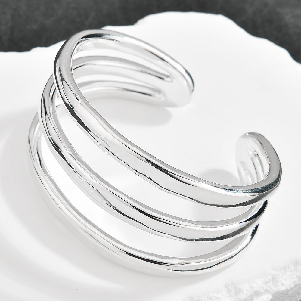 Triple Layer Spiral Open Cuff Bracelet, Polished Silver Minimal Sculptural Bangle, Quiet Luxury European Spanish Women Jewelry