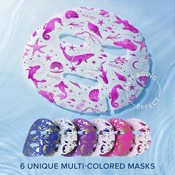 MAREE Collagen Facial Mask with Hyaluronic Acid 2 PACK - Hydrating Face Masks Skincare - Mascarillas Faciales For Women Skin Care - Multicolor, 12 Count