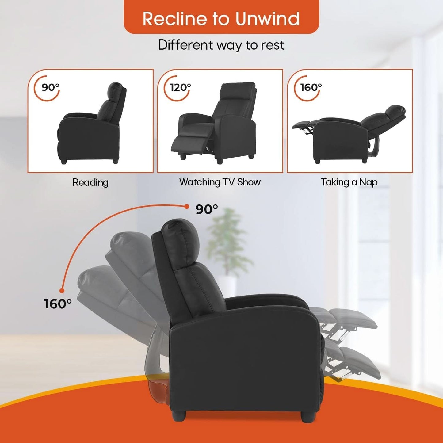 PU Leather Recliner Chair Black With Lumbar Support