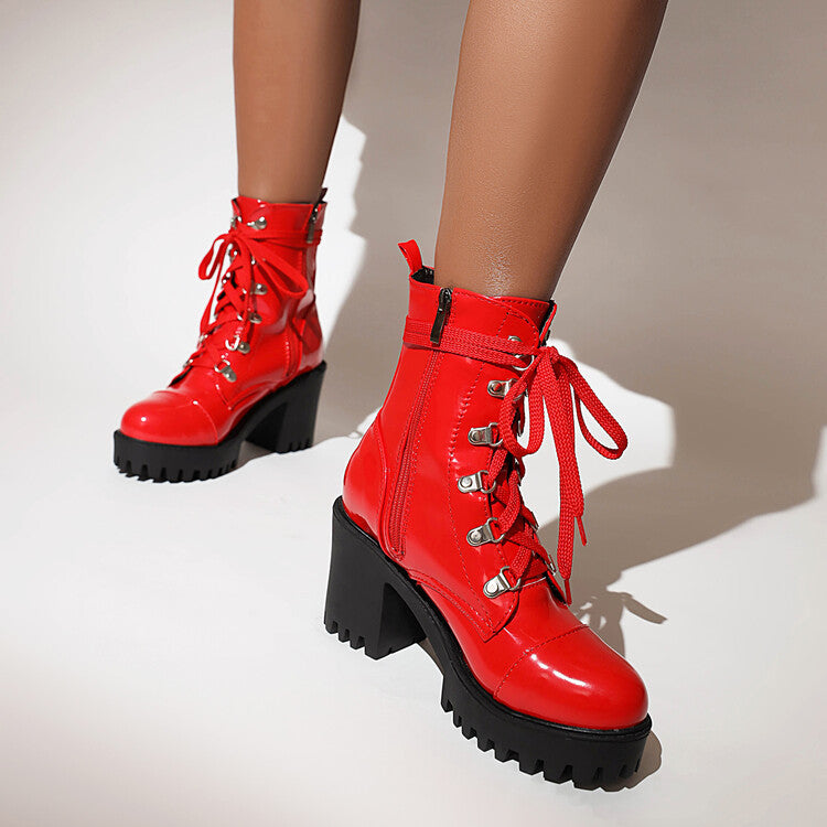 Patent Leather Chunky-heel Riding Boots With A Thick Sole Front