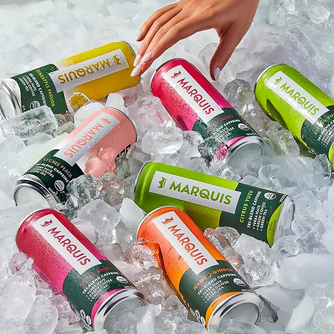Marquis - Natural Energy Drink - Mango Ginger - Sugar Free - 0 Calories - 100mg of Organic Plant Based Caffeine - Yerba Mate - Green Tea - Vitamin C & B Vitamins - Vegan - 12 oz Cans - 12 Pack