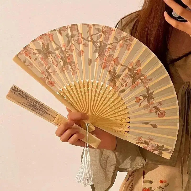 Portable Hand Fold Fan New Chinese Style Dance Props Retro Shell Fan Woman Men Bamboo Wood Silk Flower Folding Fan