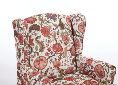 Accent Chair Wingback Linen Floral Red Pine Legs 28x30x38 In