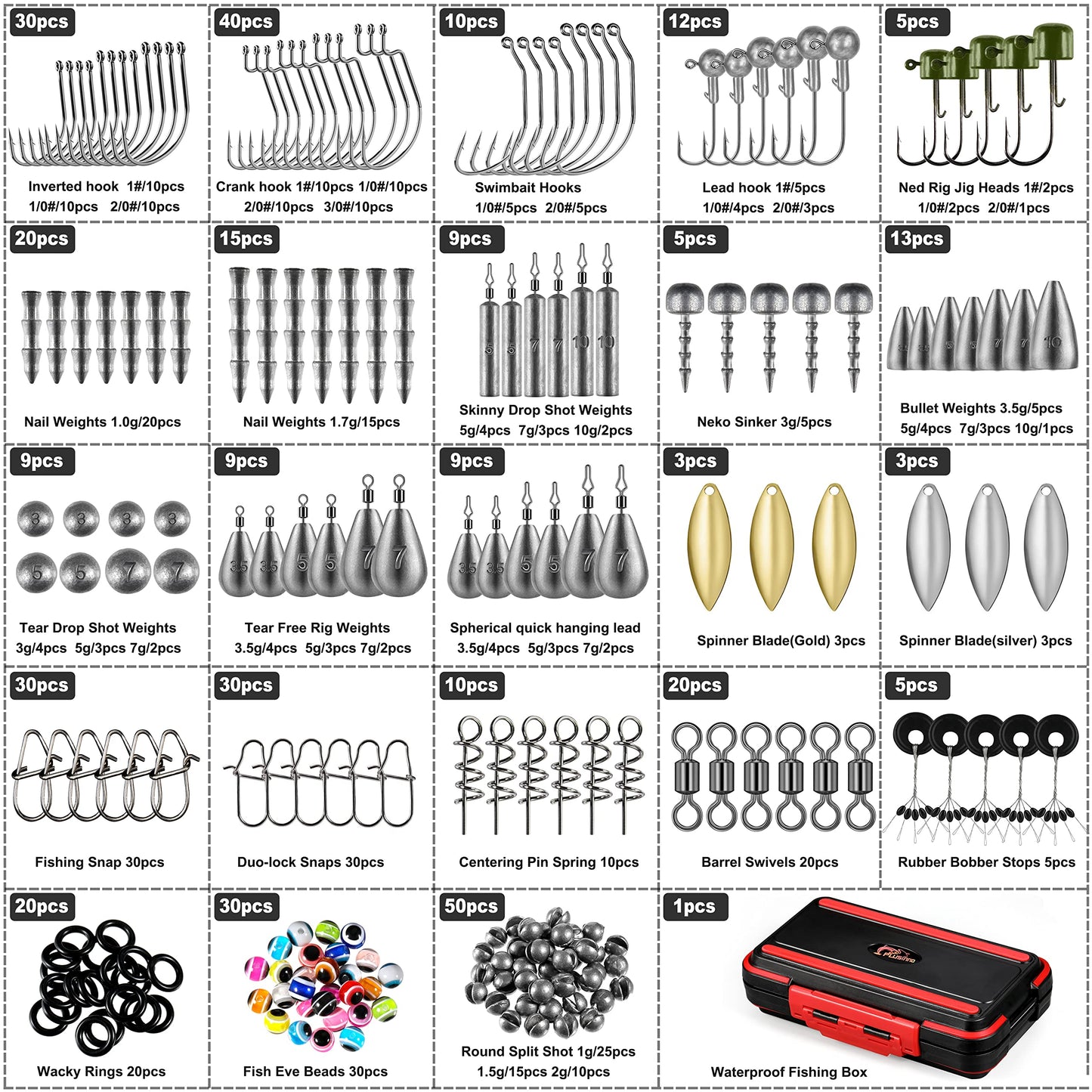 PLUSINNO 253/387pcs Fishing Gear Accessories Kit, Fishing Tackle Box with Tackle Included, Fishing Hooks, Fishing Weights Sinkers, Spinner Blade, Fishing Equipment for Bass Trout Bluegill Crappie