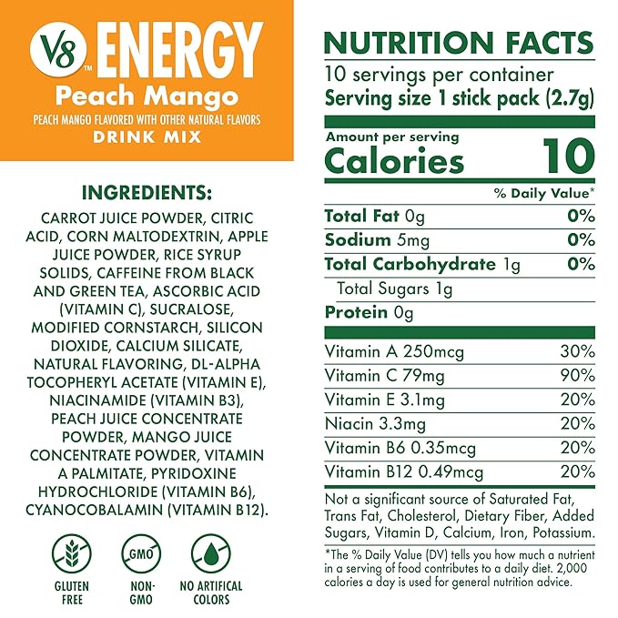 Bundle of V8 Energy Strawberry Lemonade, Peach Mango, & Pomegranate Blueberry Energy Drink Powder, .10 oz Packet (30 Count)