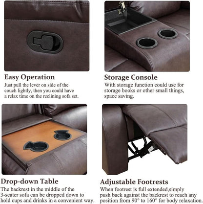 Brown 3 Piece Vegan Leather Recliner Sofa Set Cupholders
