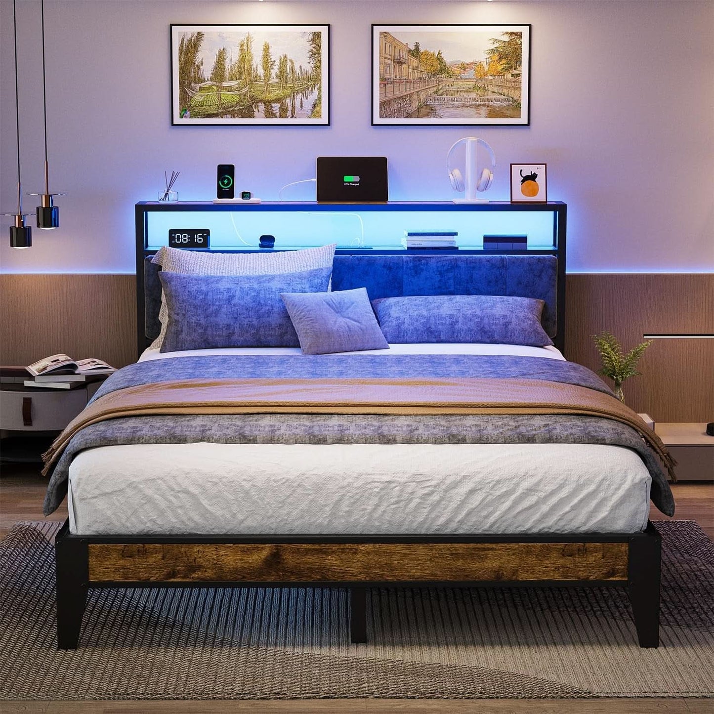 Queen Size RGB LED Headboard With Storage And Charging