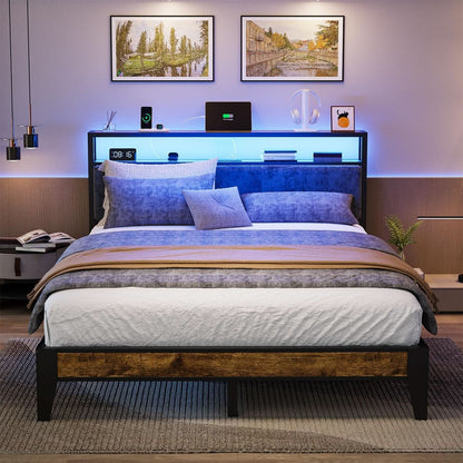 Queen Size RGB LED Headboard With Storage And Charging