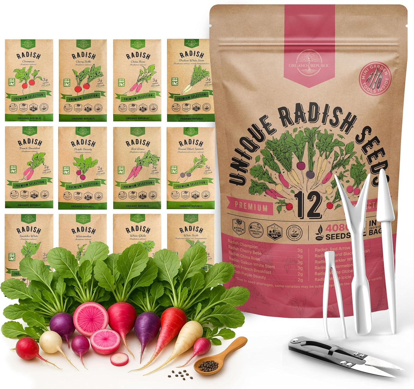 Organo Republic 8 Onion Seeds Variety Pack Heirloom, Non-GMO, Sets for Indoors, Outdoors Gardening. 2200+ Seeds: Walla Walla, Green Onion, Red Burgundy, White & Yellow Sweet Spanish Onions