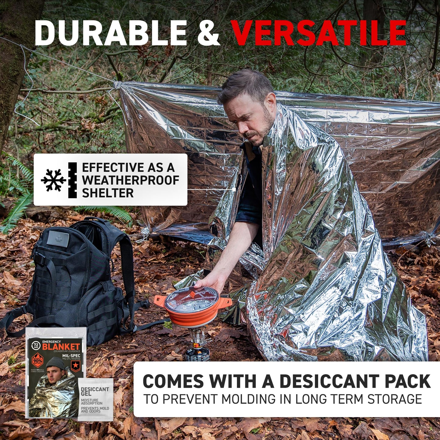72 HRS Large Emergency Mylar Space Blankets 4-Pack, MIL-SPEC 54″ × 88″ Thermal Survival Foil – Retains 90% Body Heat, Waterproof Reflective Blanket for Camping, Hiking, Marathon, First Aid