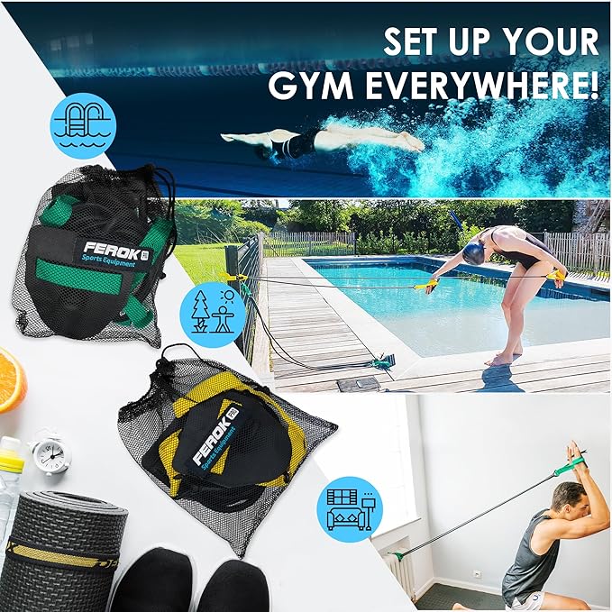 Swimming Resistance Band with Hand Paddles, Stretch Cord, Fitness Bands for Swimming, Training Equipment, Arm Strength Exercise, Powercord - Including Exercises - Medium Green