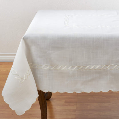 Fennco Styles Abigail Collection Embroidered Braid Pattern Ocean Waves Linen Blend Tablecloth