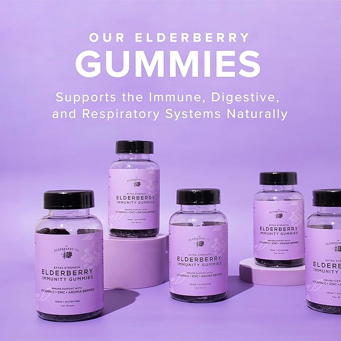 The Elderberry Co. Extra Strength Elderberry Gummies with Vitamins C, D,E and Zinc for All-Natural Immune Support, No Artificial Ingredients (90 Count)