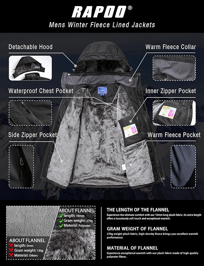 Rapoo Men's Winter Ski Snow Jacket Mountain Waterproof Windproof Rain Jacket