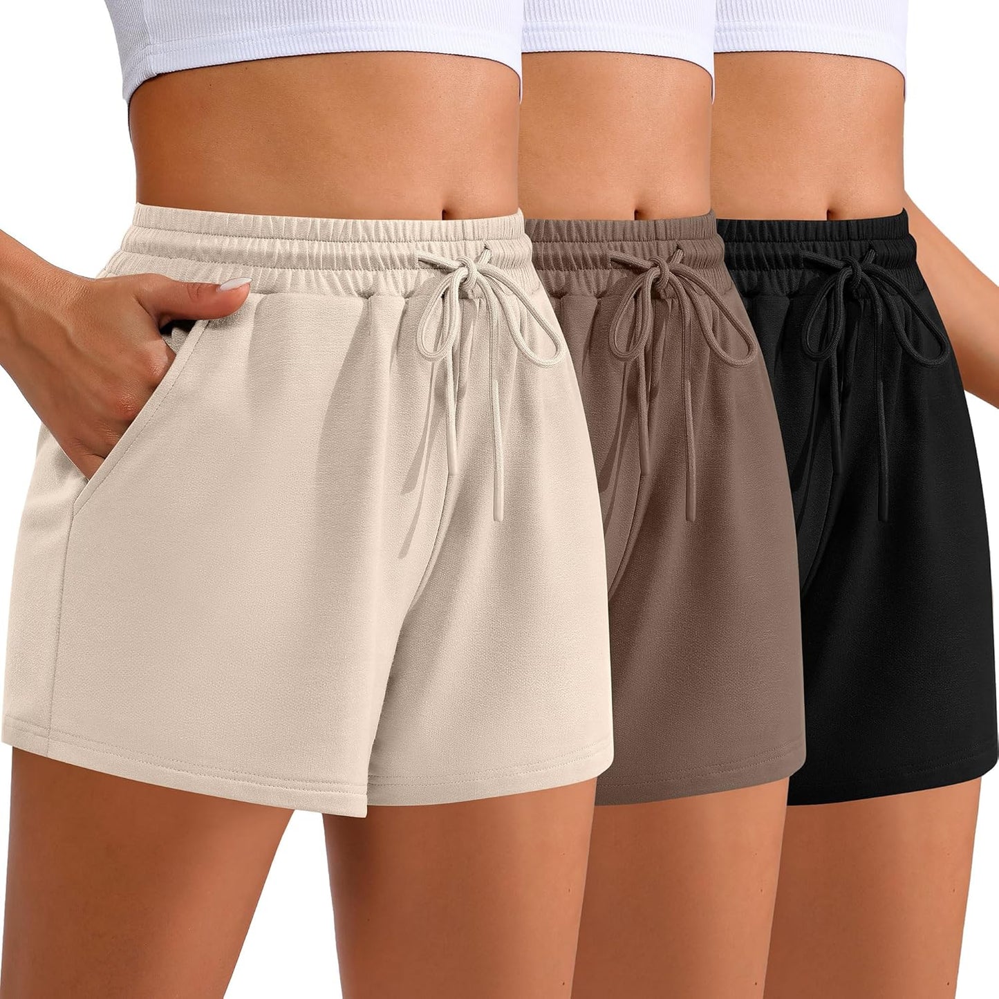 Women Sweat Shorts 3-Pack - High Waist Athletic Lounge Shorts with Pockets
