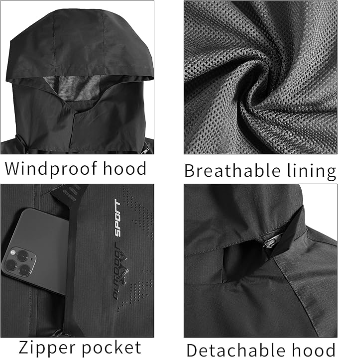 TEZO Mens Rain Jacket Waterproof with Hooded Hiking Coat Lightweight Windbreaker