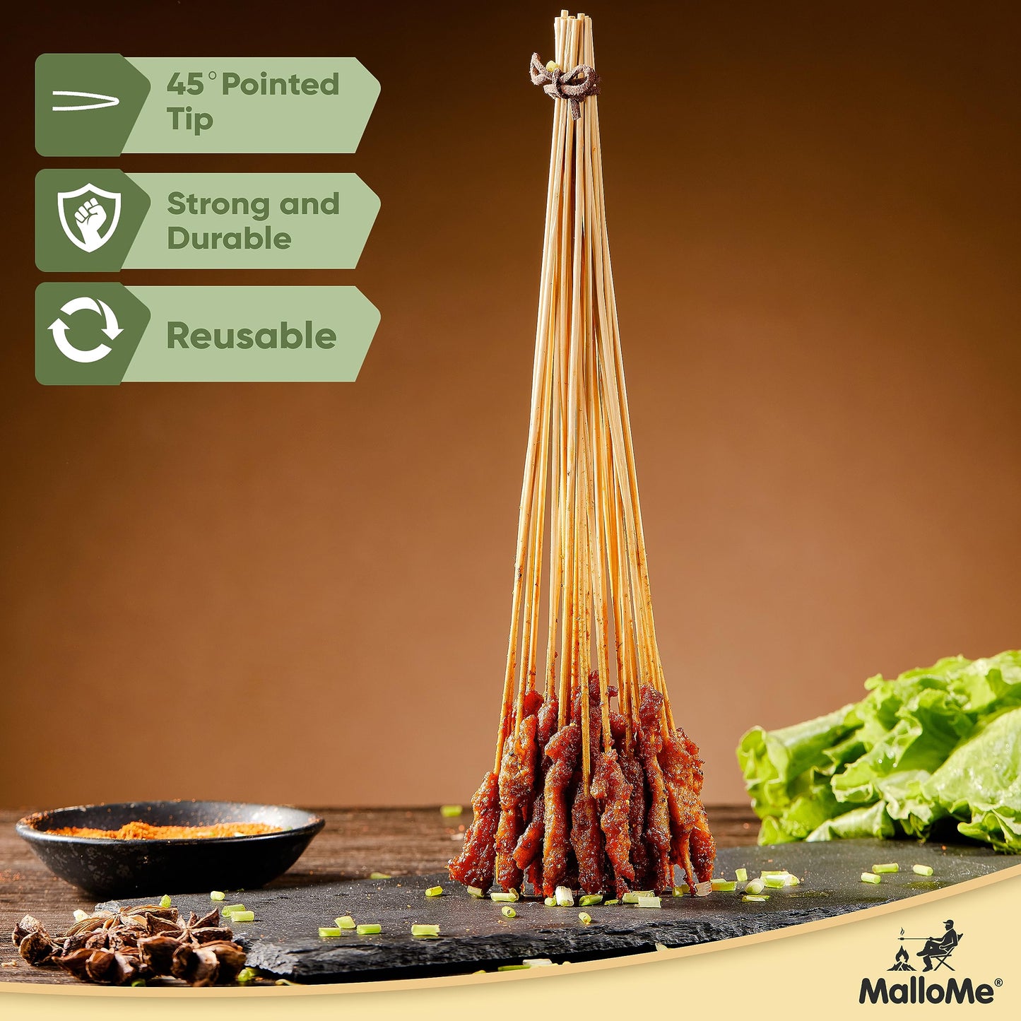 MalloMe XL Bamboo Skewers 6 Inch 100 pcs - 4mm Thick Bamboo Sticks - Heavy Duty Wooden Shish Kabob Skewers for Grilling - for Kebab BBQ Grill Hot Dog, Candy Apple Smores Sticks Wood Skewer Appetizers