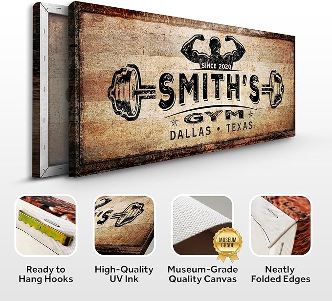 TAILORED CANVASES Personalized Gym Sign Wall Art Decor - Motivational Canvas for Home, Workout Room, Garage, Fitness Center - Inspirational Posters With Name on Rustic Copper, 60x30in