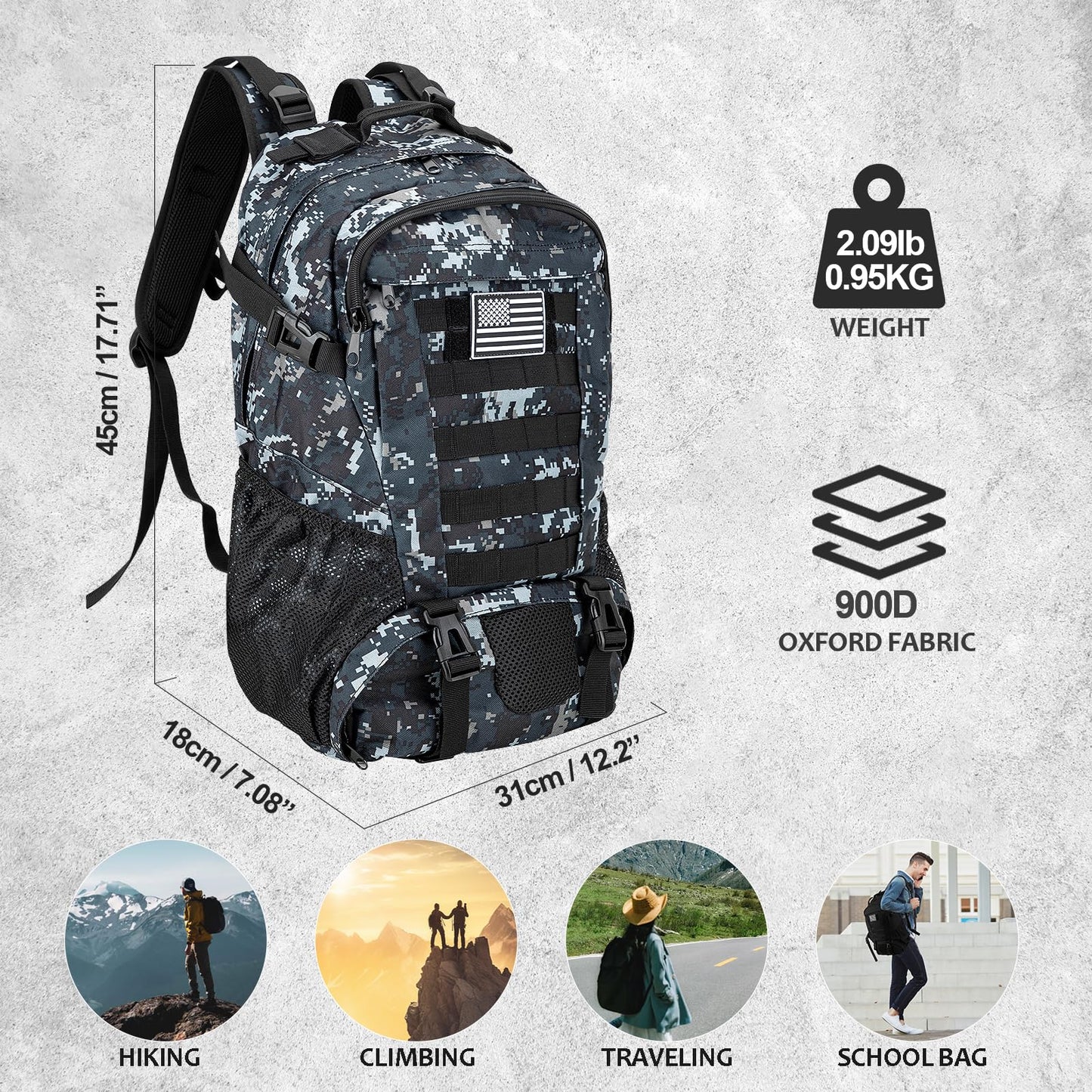 Jueachy Tactical Backpack for Men Hiking Day Pack Molle Military Rucksack Waterproof 30L EDC Bag with USA Flag Patch