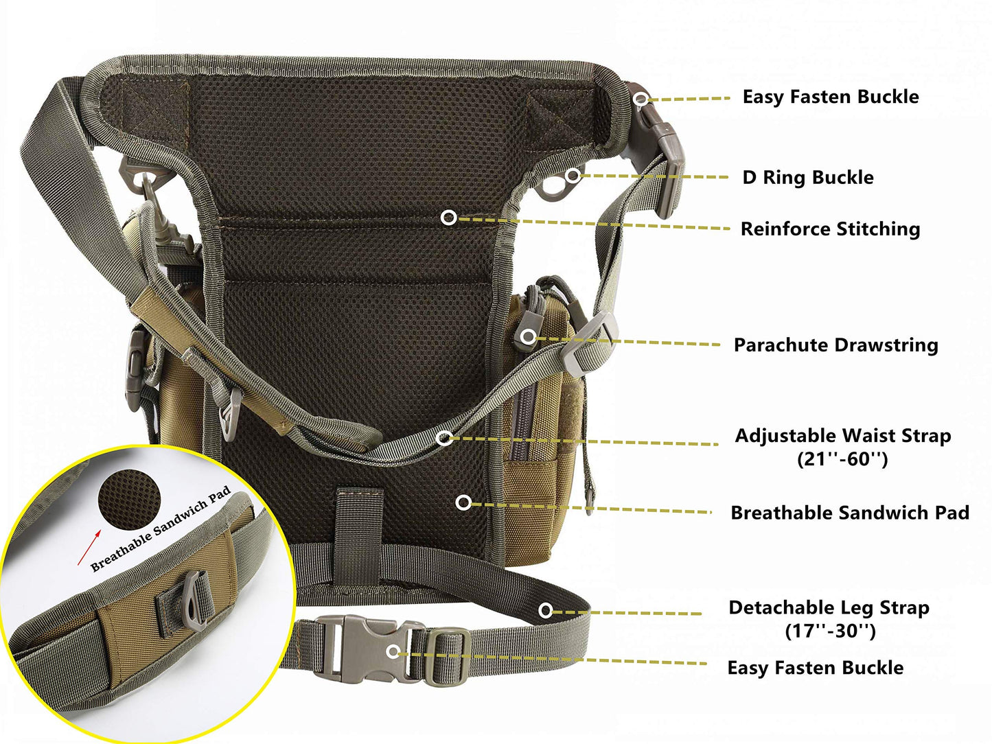Jueachy Drop Leg Bag for Men Tactical Metal Detecting Thigh Pack with Water Bottle Pouch
