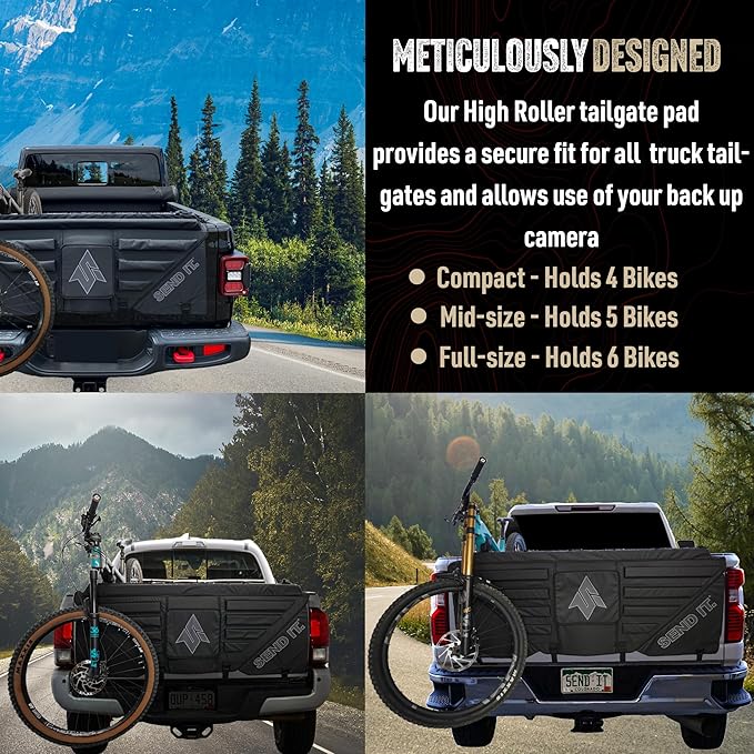Send It. High Roller Tailgate Bike Pad V2 – Tailgate Pads for Trucks – Truck Bike Pad – Accessories for Mountain Bikers, BMX Bikes, Ebikes & More (Compact)