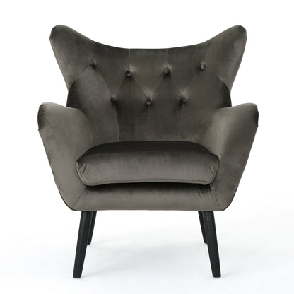 Accent Chair Mid-Century Wingback Velvet Tufted Gray Oak Frame 29x34x40 In