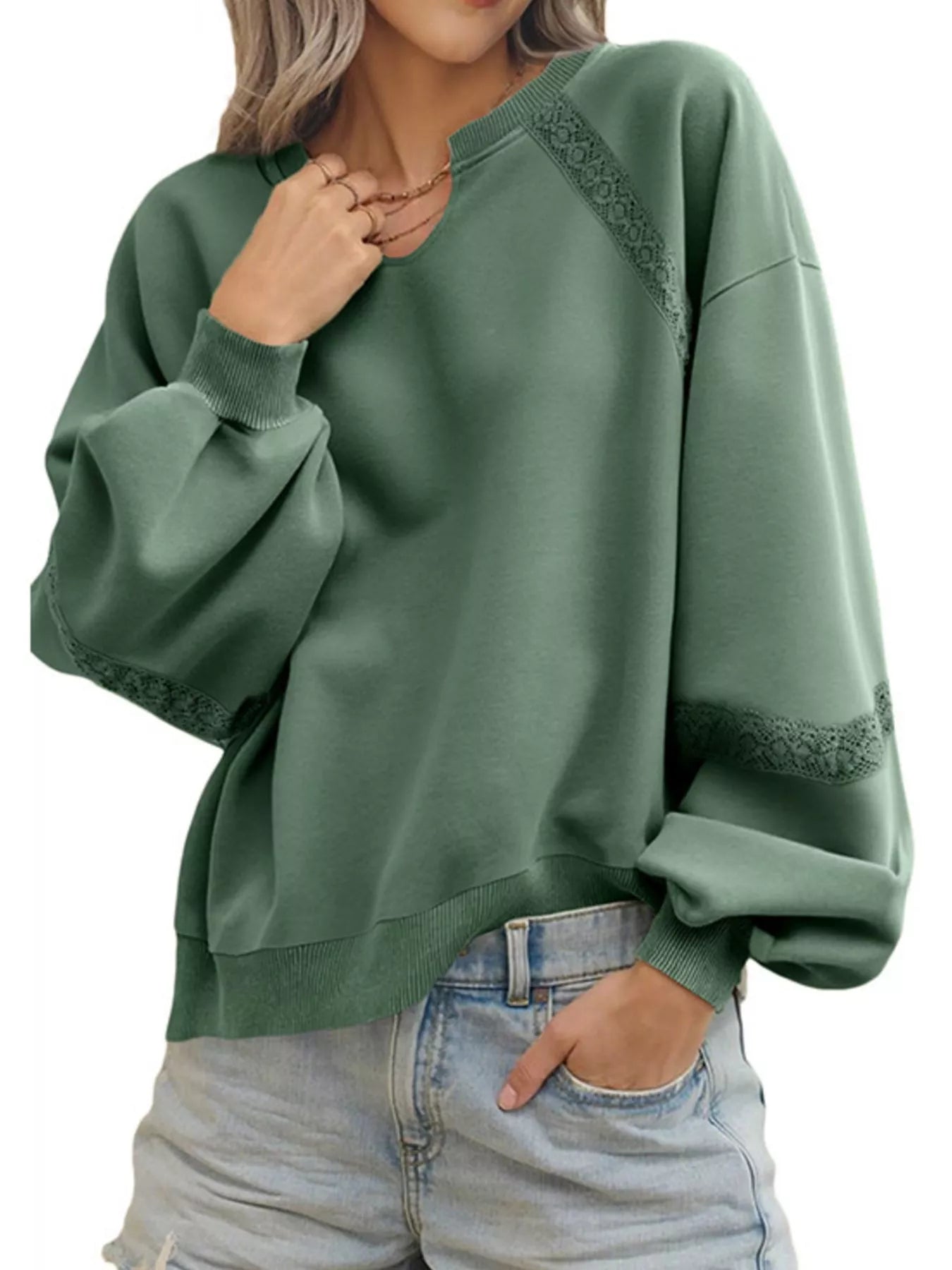 Lace Detail Notched Long Sleeve Sweatshirt