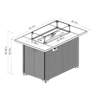 44" Propane Fire Pit Table | 50,000 BTU Rectangular Wicker Fire Table with Marble Tile Top & Glass Windscreen — Brown
