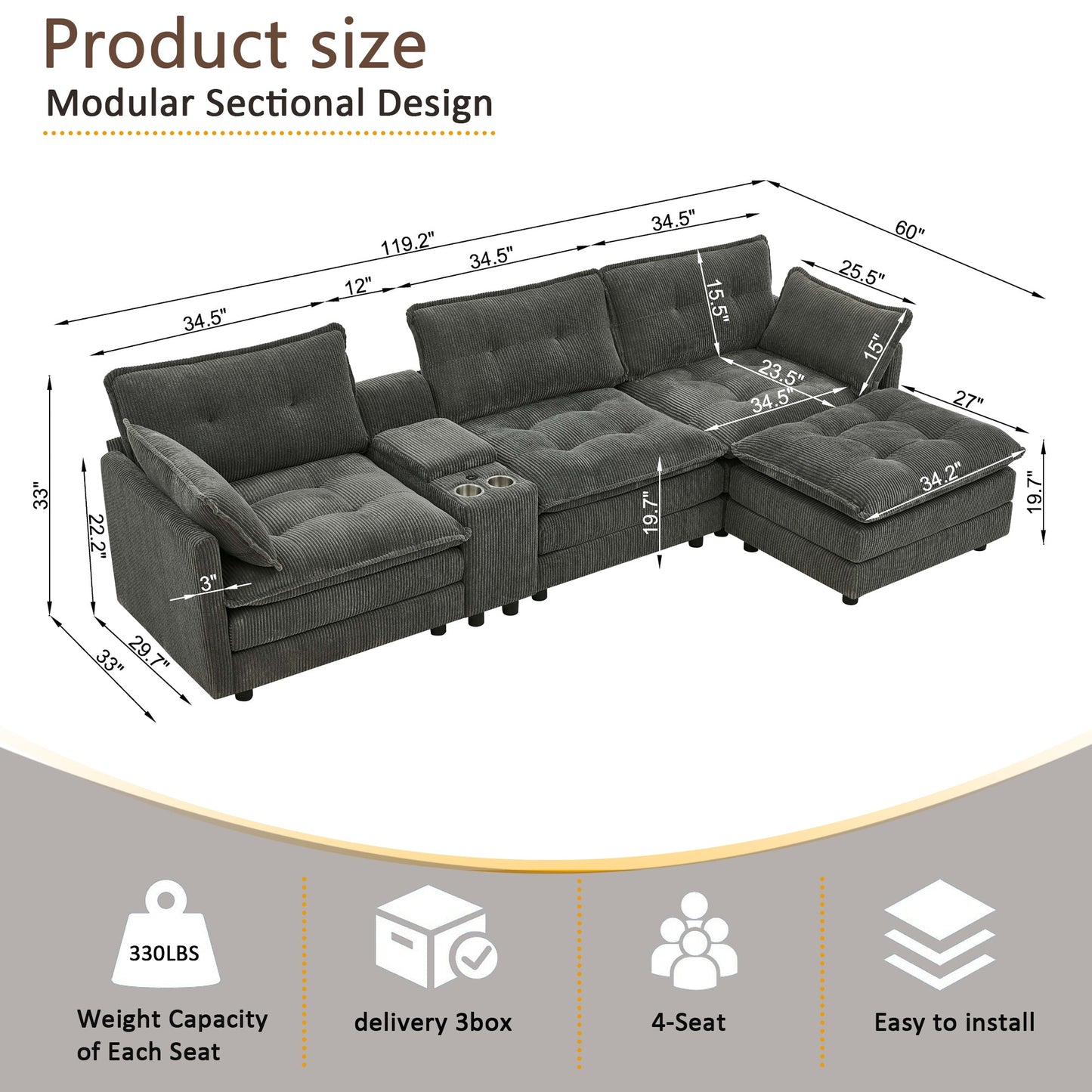 Sectional Sofa L-Shape Corduroy Gray 4 Seat USB Ports Ottoman 119 In