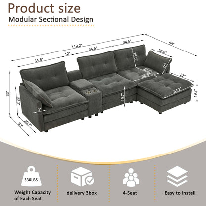 Sectional Sofa L-Shape Corduroy Gray 4 Seat USB Ports Ottoman 119 In