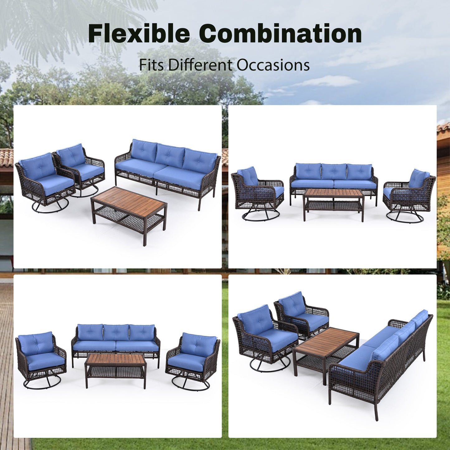 Outdoor Patio Set PE Rattan 4 Piece Swivel Chair Seats 5