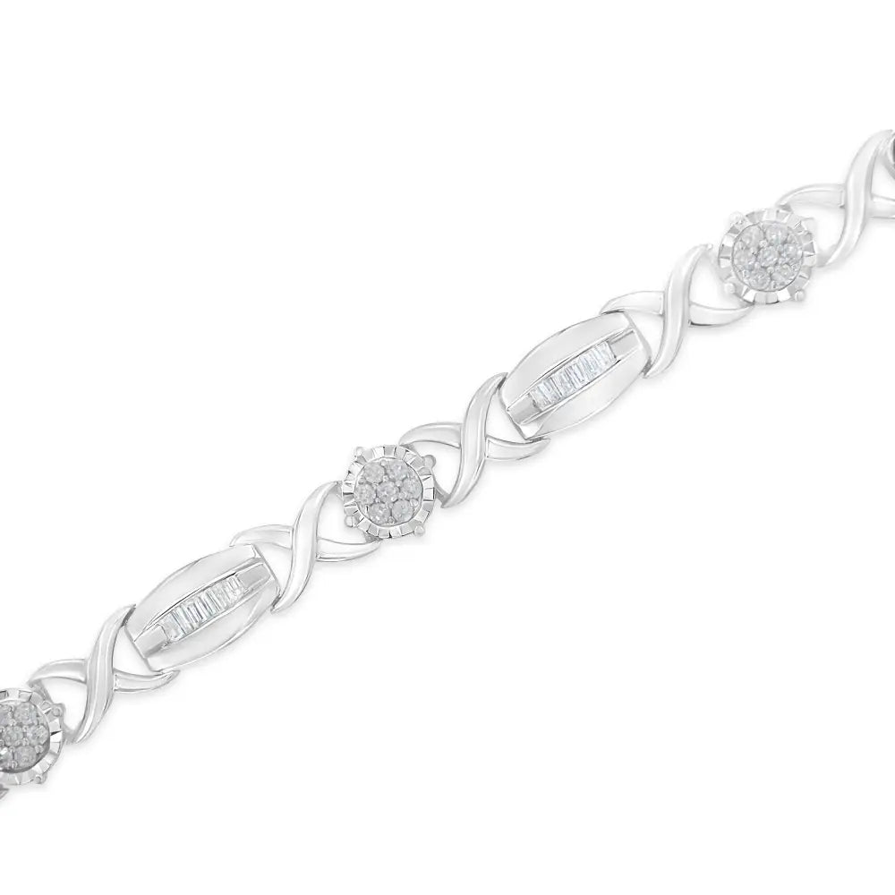 1.0 Cttw Round and Baguette Diamond X-Link Sterling Silver 7-Inch Bracelet