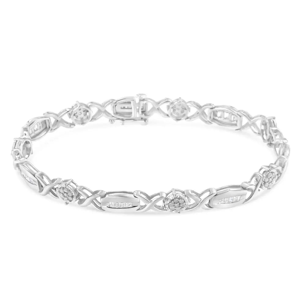 1.0 Cttw Round and Baguette Diamond X-Link Sterling Silver 7-Inch Bracelet