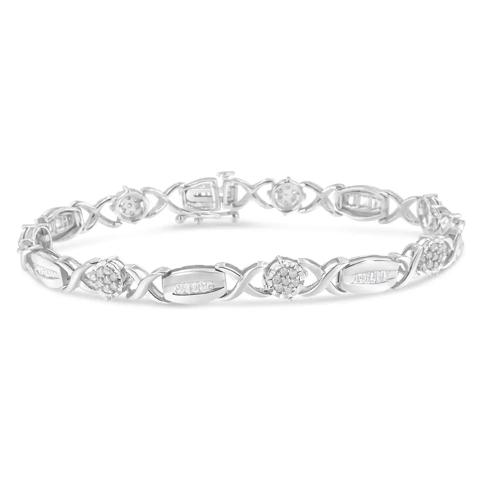 1.0 Cttw Round and Baguette Diamond X-Link Sterling Silver 7-Inch Bracelet