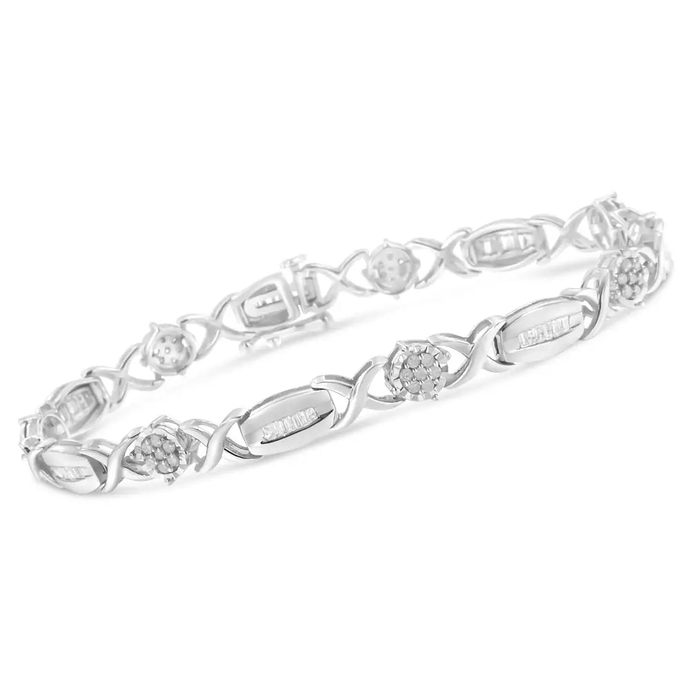 1.0 Cttw Round and Baguette Diamond X-Link Sterling Silver 7-Inch Bracelet
