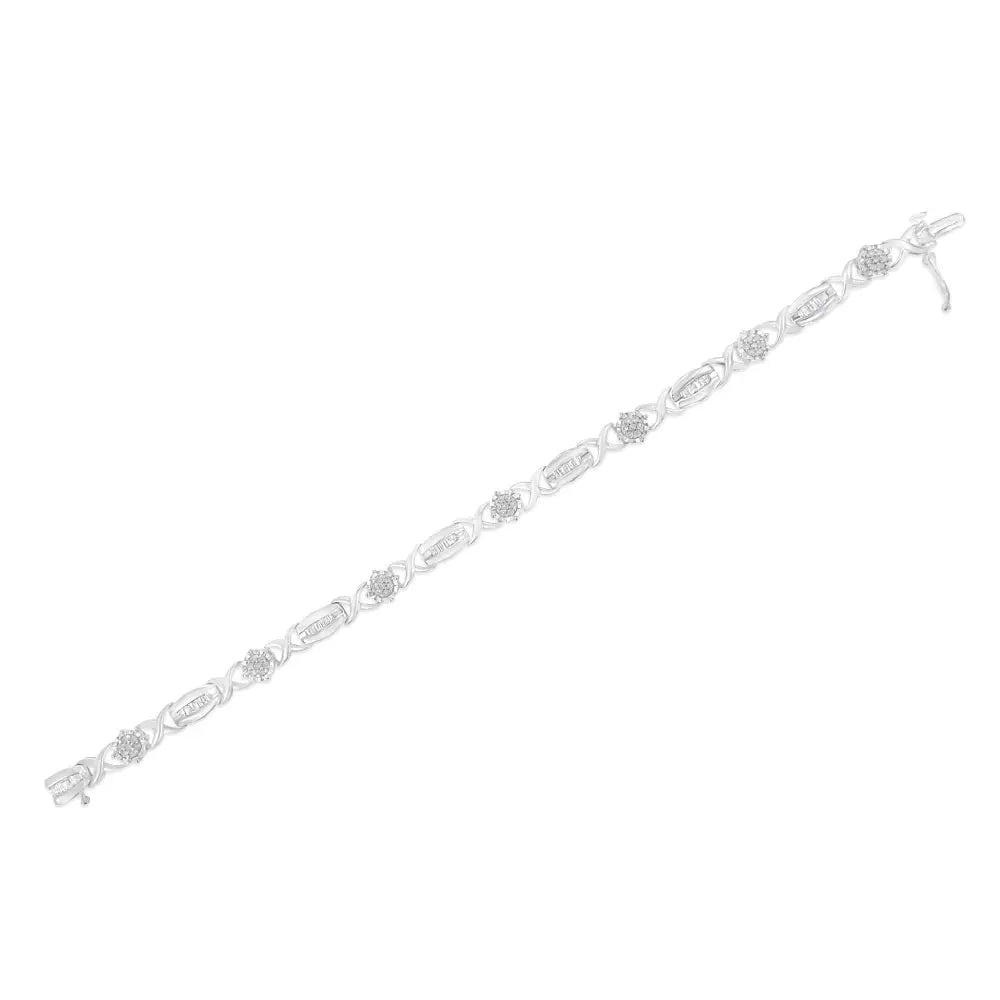 1.0 Cttw Round and Baguette Diamond X-Link Sterling Silver 7-Inch Bracelet