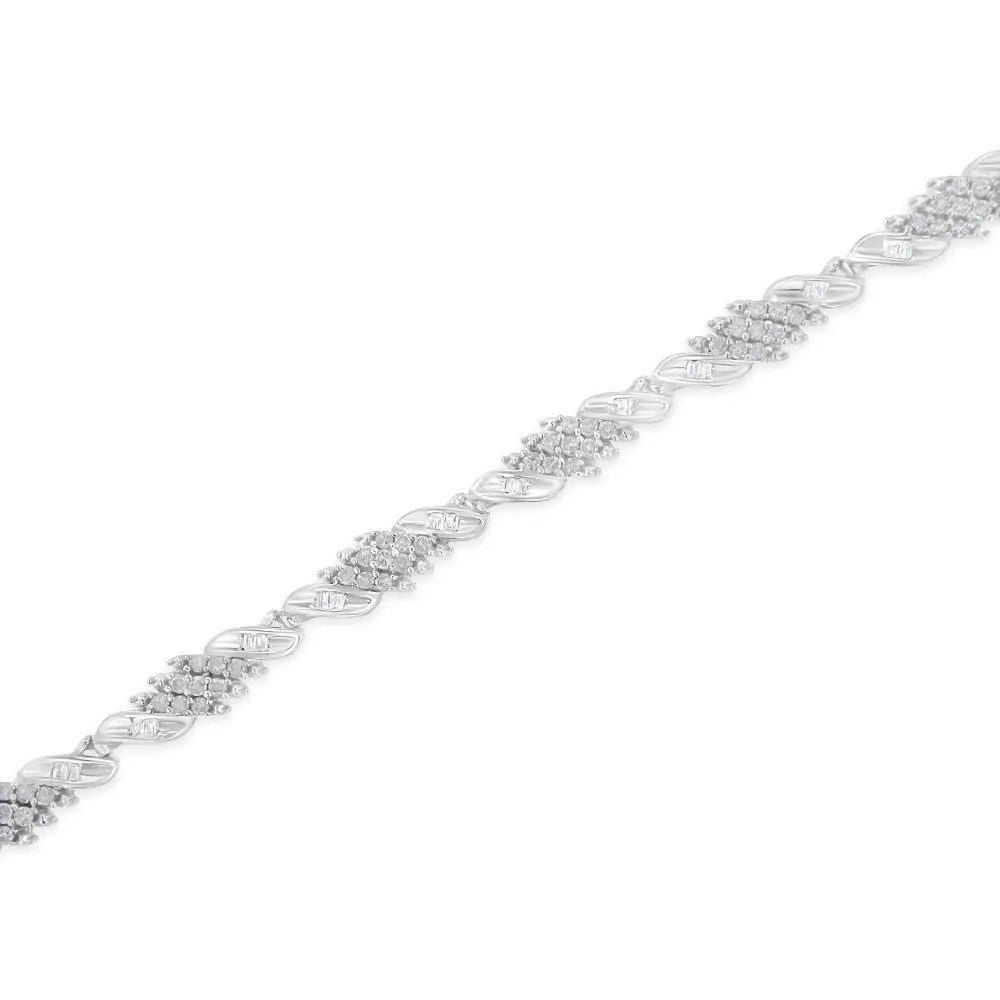 Round and Baguette Diamond Wave Bracelet in Sterling Silver 1.5 Cttw