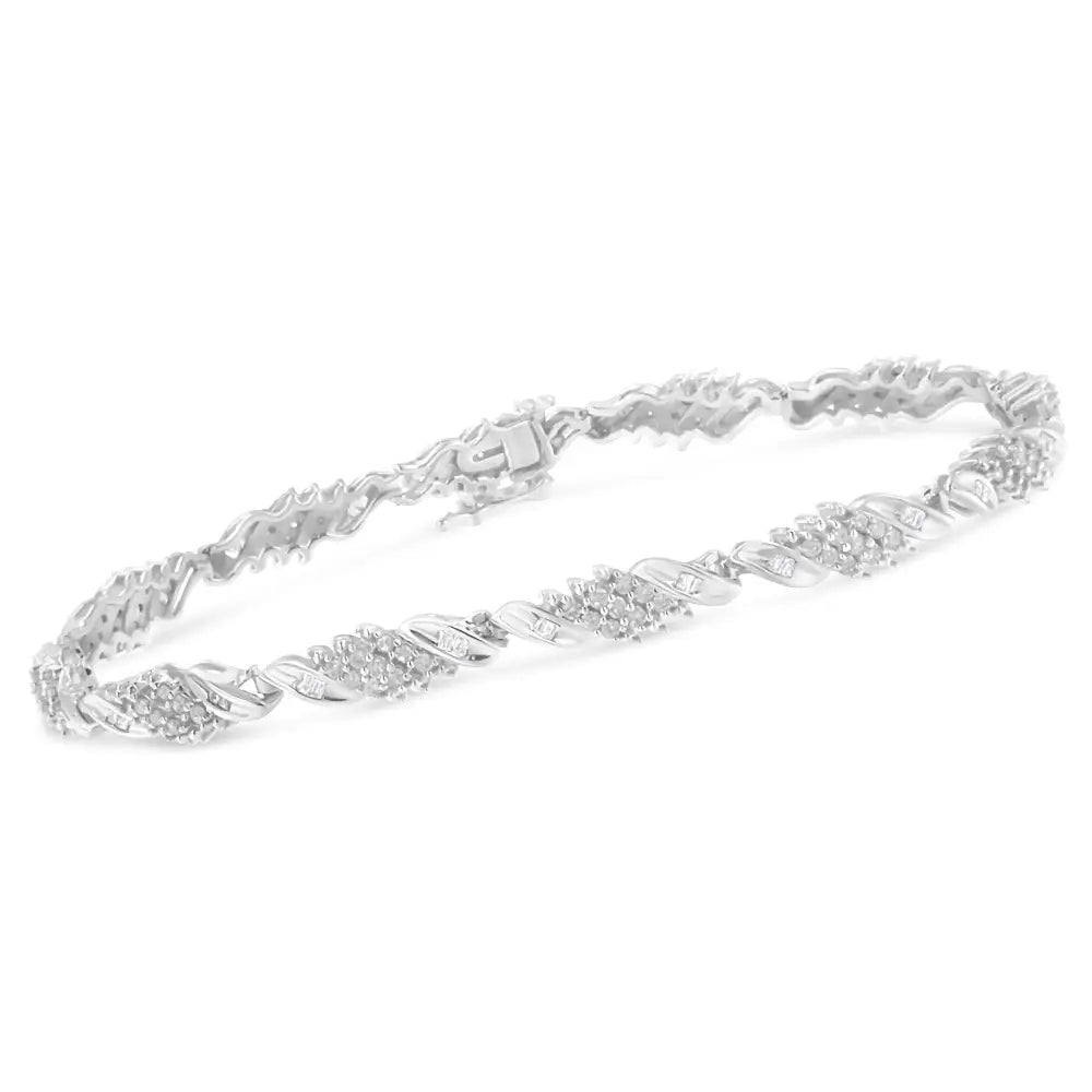 Round and Baguette Diamond Wave Bracelet in Sterling Silver 1.5 Cttw