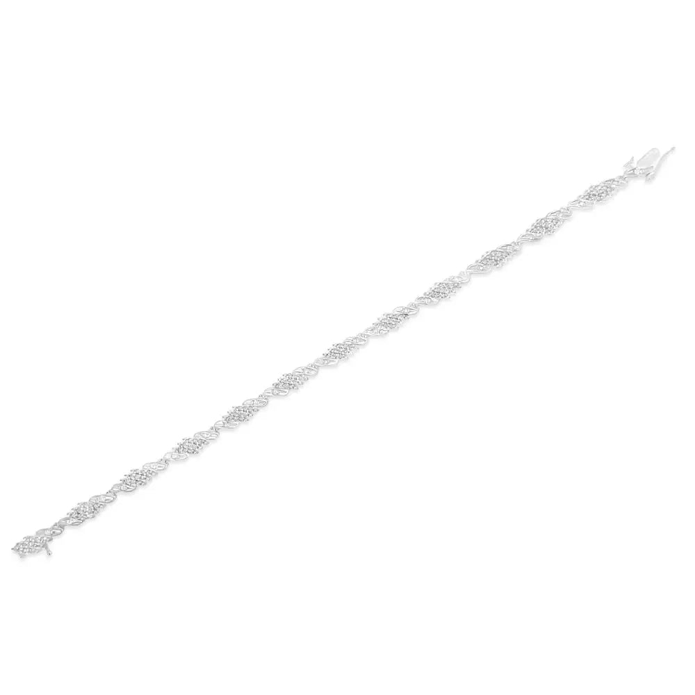 Round and Baguette Diamond Wave Bracelet in Sterling Silver 1.5 Cttw
