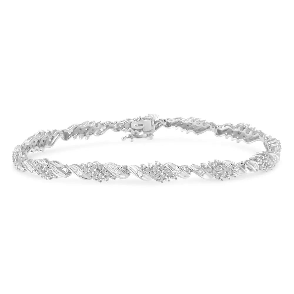 Round and Baguette Diamond Wave Bracelet in Sterling Silver 1.5 Cttw