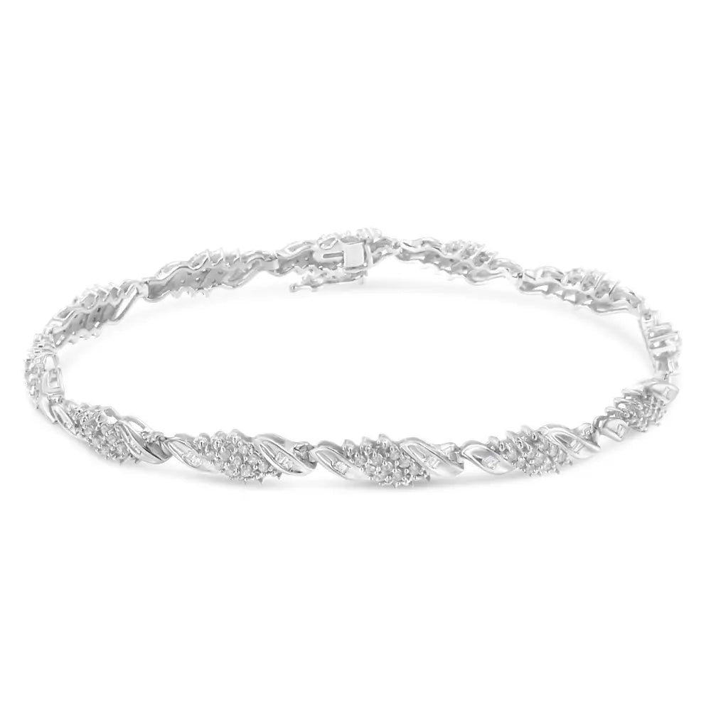 Round and Baguette Diamond Wave Bracelet in Sterling Silver 1.5 Cttw