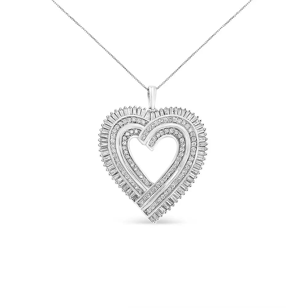 Round and Baguette Diamond Heart Pendant in Sterling Silver 1 1/4 Cttw