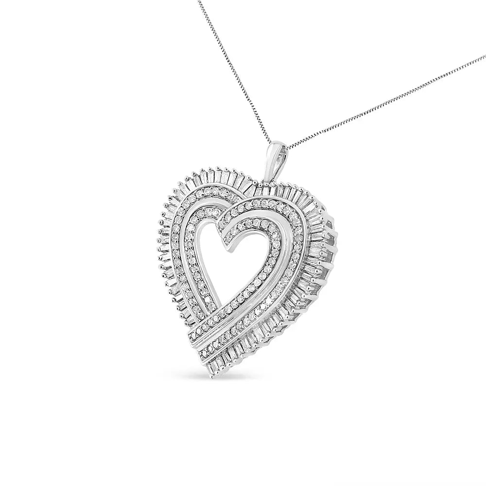 Round and Baguette Diamond Heart Pendant in Sterling Silver 1 1/4 Cttw