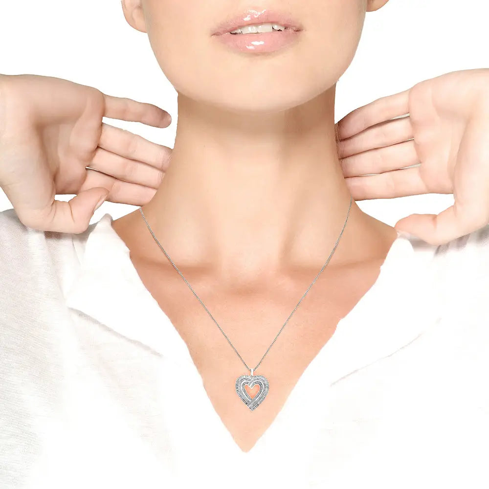 Round and Baguette Diamond Heart Pendant in Sterling Silver 1 1/4 Cttw