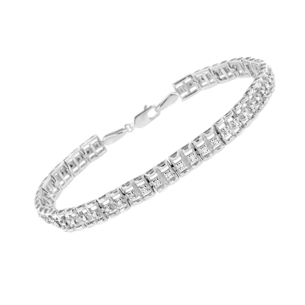 Diamond Double Link Tennis Bracelet in Sterling Silver 1/10 ct 7 Inch