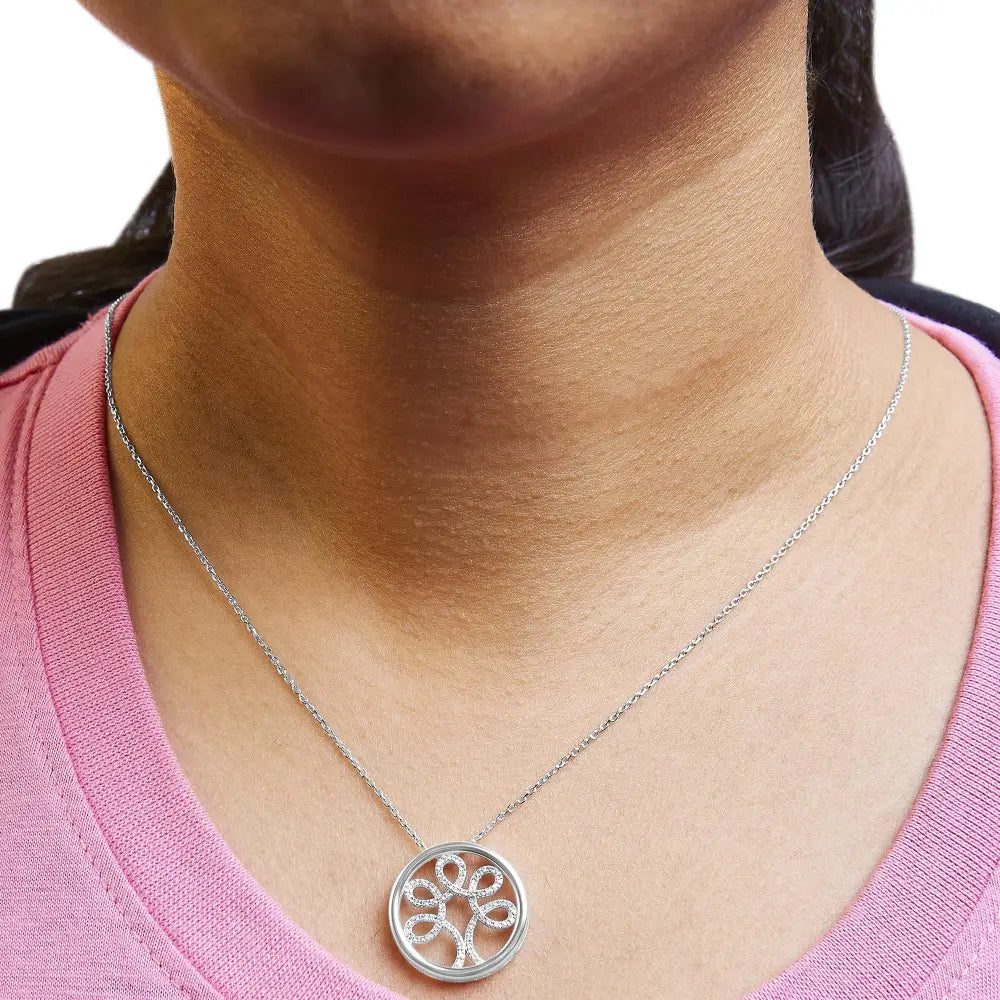 Diamond Tree of Life Sterling Silver Pendant Necklace 1/10 Cttw