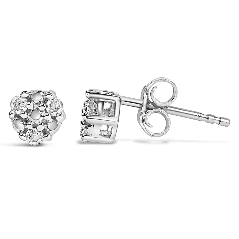 Trio Diamond Flower Stud Earrings in Sterling Silver 1/10 Cttw