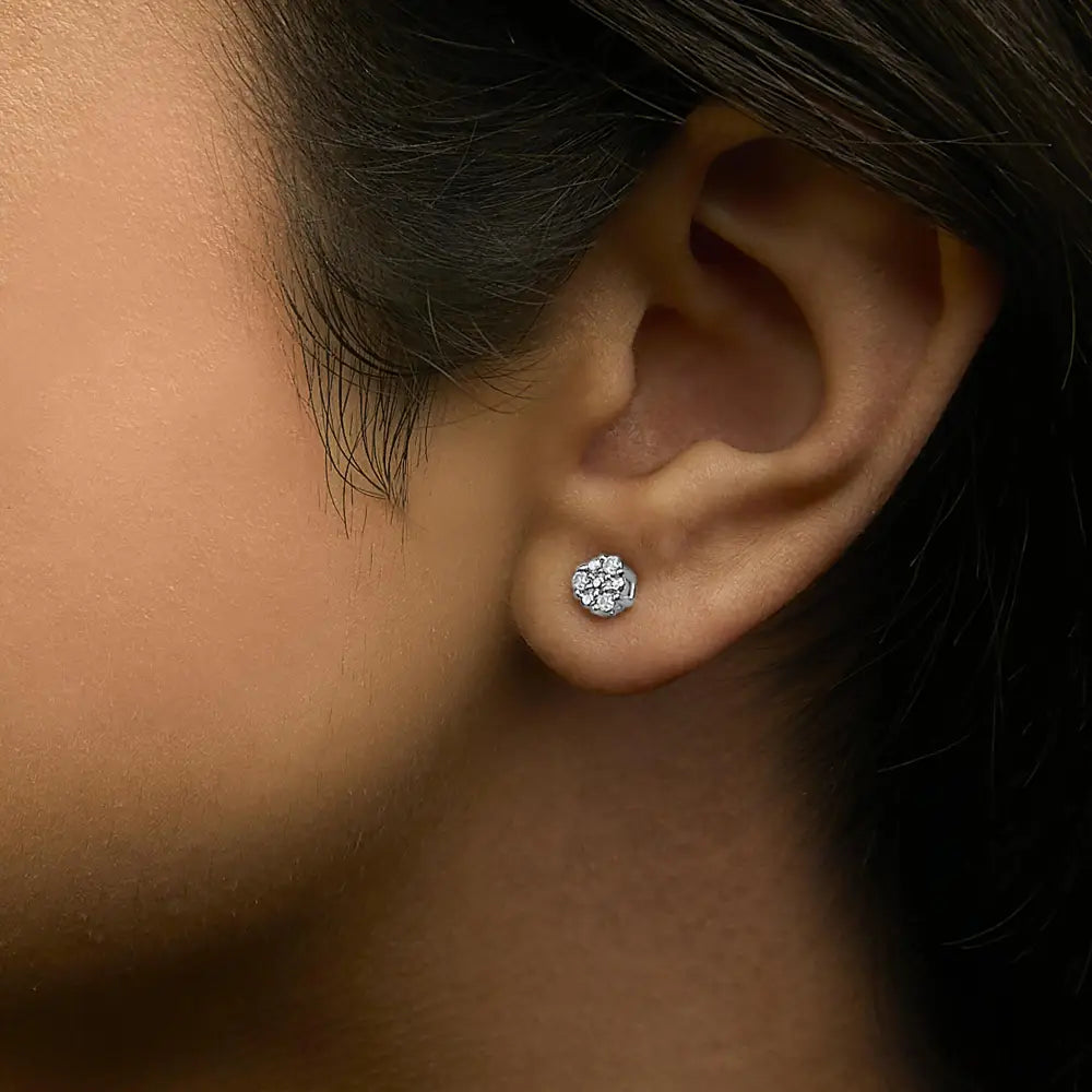 Trio Diamond Flower Stud Earrings in Sterling Silver 1/10 Cttw